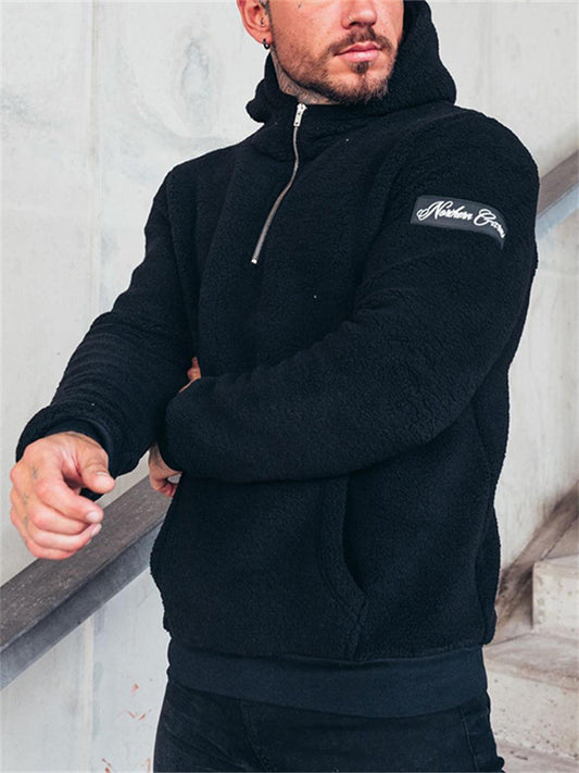 Half Zipper Loose Solid Color Pullover Pockets Insert Pockets Hooded Plush Sports Daily Men's Senior Jacket Sweater