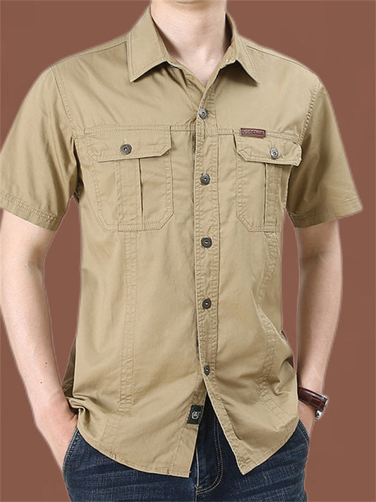 Men's Casual Loose Short-sleeved Shirt Solid Color in The Youth Lapel Thin Basic Paragraph Pocket Design Single-breasted Shirt Cardigan