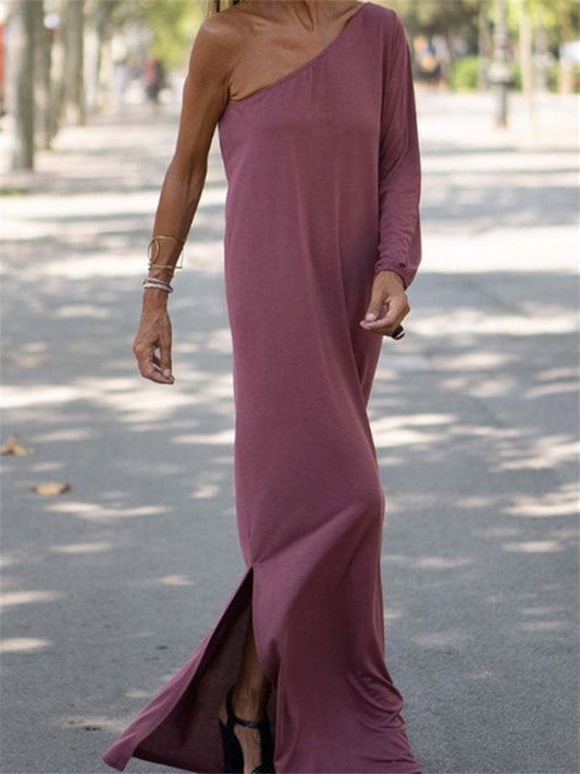 Women's Long Dress Maxi Dress Casual Dress Pure Color Streetwear Casual Outdoor Daily Vacation Split Cold Shoulder Long Sleeve One Shoulder Dress Regular Fit Black Red Dark Grey Summer Spring S M L
