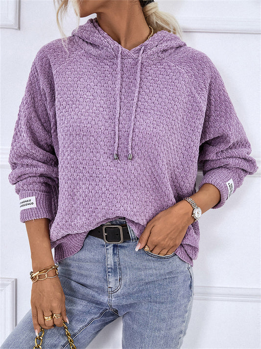 Hooded Drawstring Knit Sweater - New Fall/Winter Solid Color Casual Women's Sweater