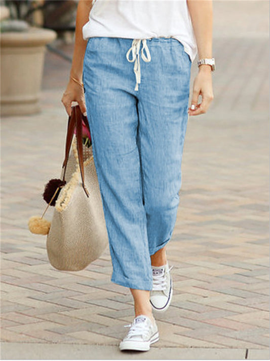 Women's New Solid-color Loose Casual Drawstring Elastic Waist Cotton Nine Pants