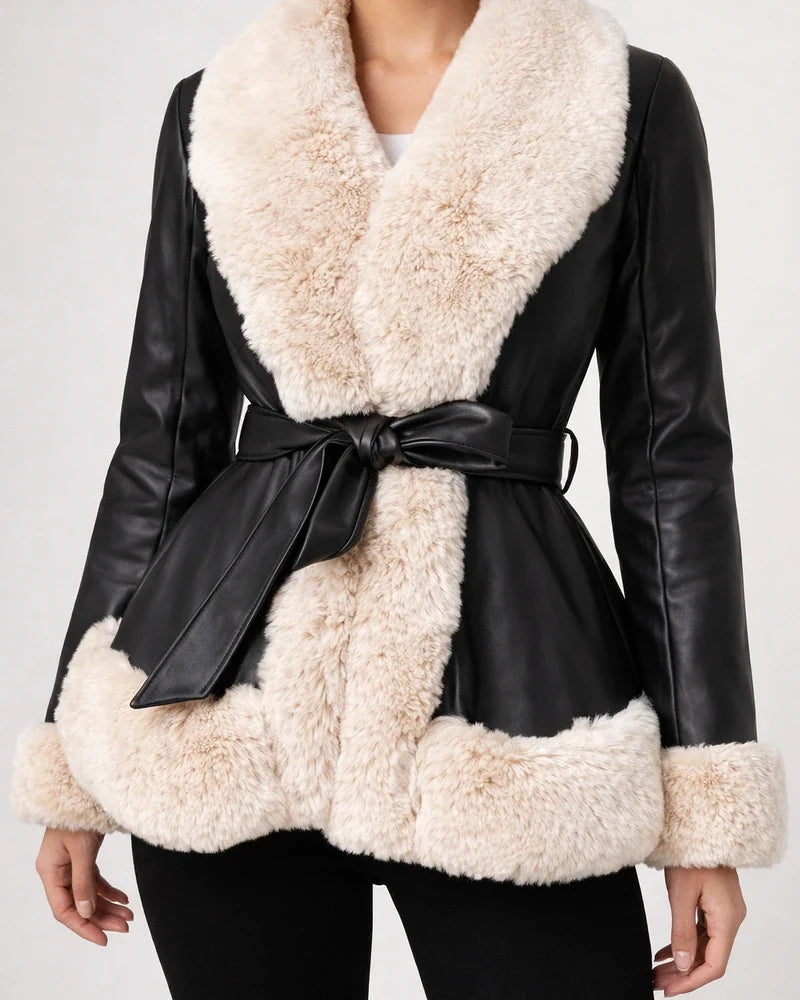 Autumn and Winter Models PU Leather Big Fur Collar Tie Waist Ladies Leather Jacket Splicing Slim Long-sleeved Coat Women's Clothing | JRSEE:6622253e-7a62-47c0-89ca-d60296c5cb9f