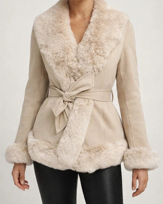 Autumn and Winter Models PU Leather Big Fur Collar Tie Waist Ladies Leather Jacket Splicing Slim Long-sleeved Coat Women's Clothing | JRSEE:6dcd03d8-f6bc-4ea9-918d-ee5ff0b448f2
