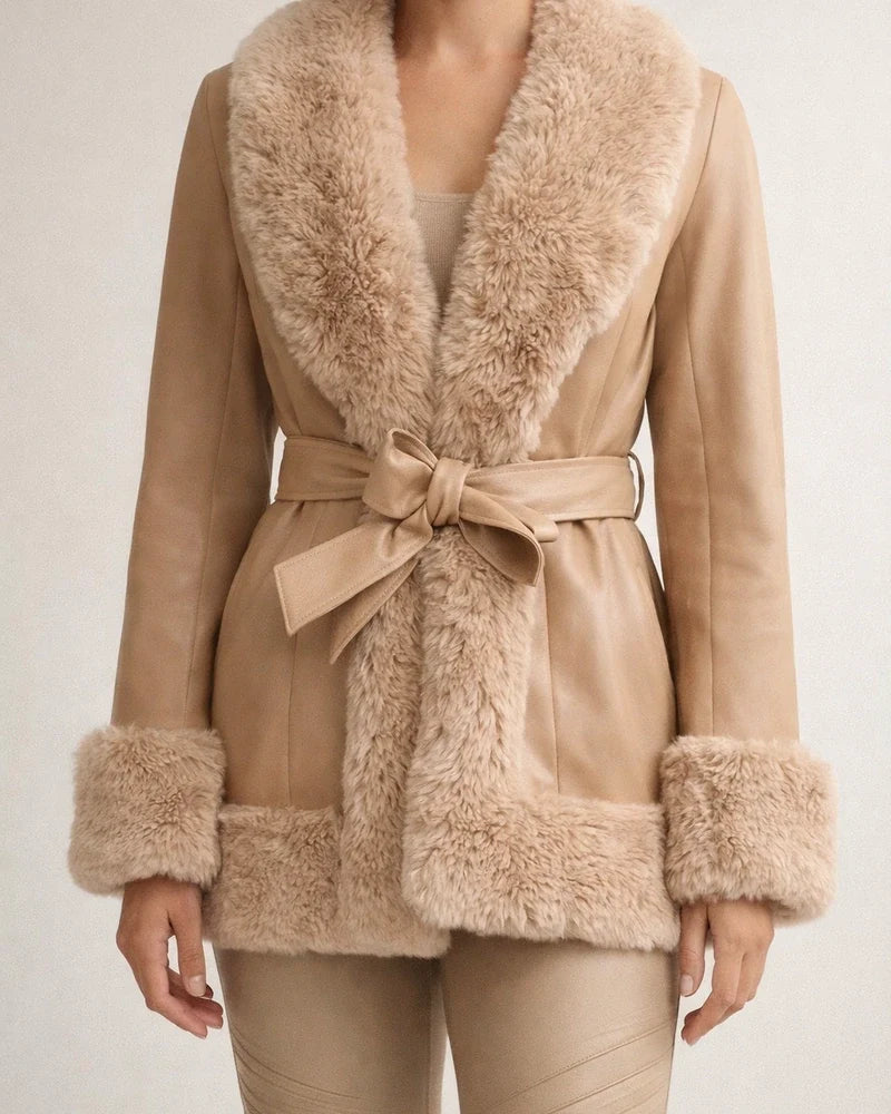 Autumn and Winter Models PU Leather Big Fur Collar Tie Waist Ladies Leather Jacket Splicing Slim Long-sleeved Coat Women's Clothing | JRSEE:42952be5-a32e-4b11-a9db-4e97a855a18d