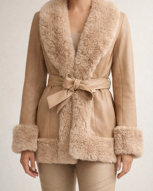 Autumn and Winter Models PU Leather Big Fur Collar Tie Waist Ladies Leather Jacket Splicing Slim Long-sleeved Coat Women's Clothing | JRSEE:42952be5-a32e-4b11-a9db-4e97a855a18d