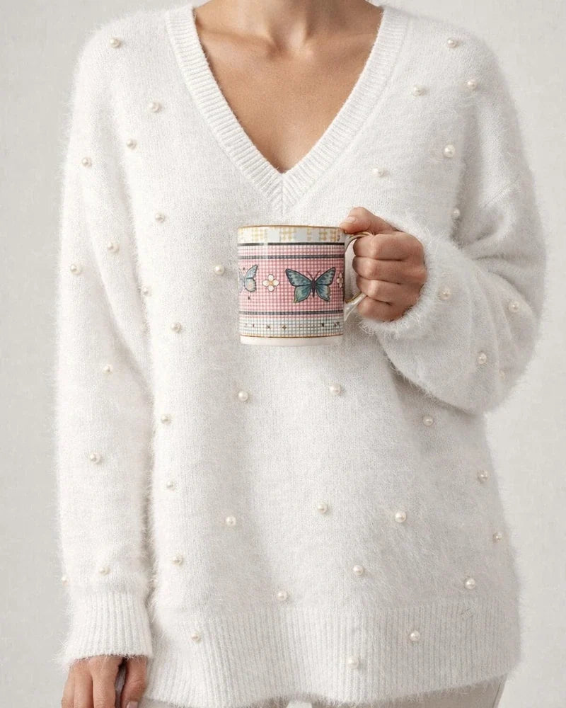 Autumn and Winter New Explosive Models V-neck Beaded Solid Color Sweater Women's Tops | JRSEE:da180345-eebb-400f-9de8-c389054d673e