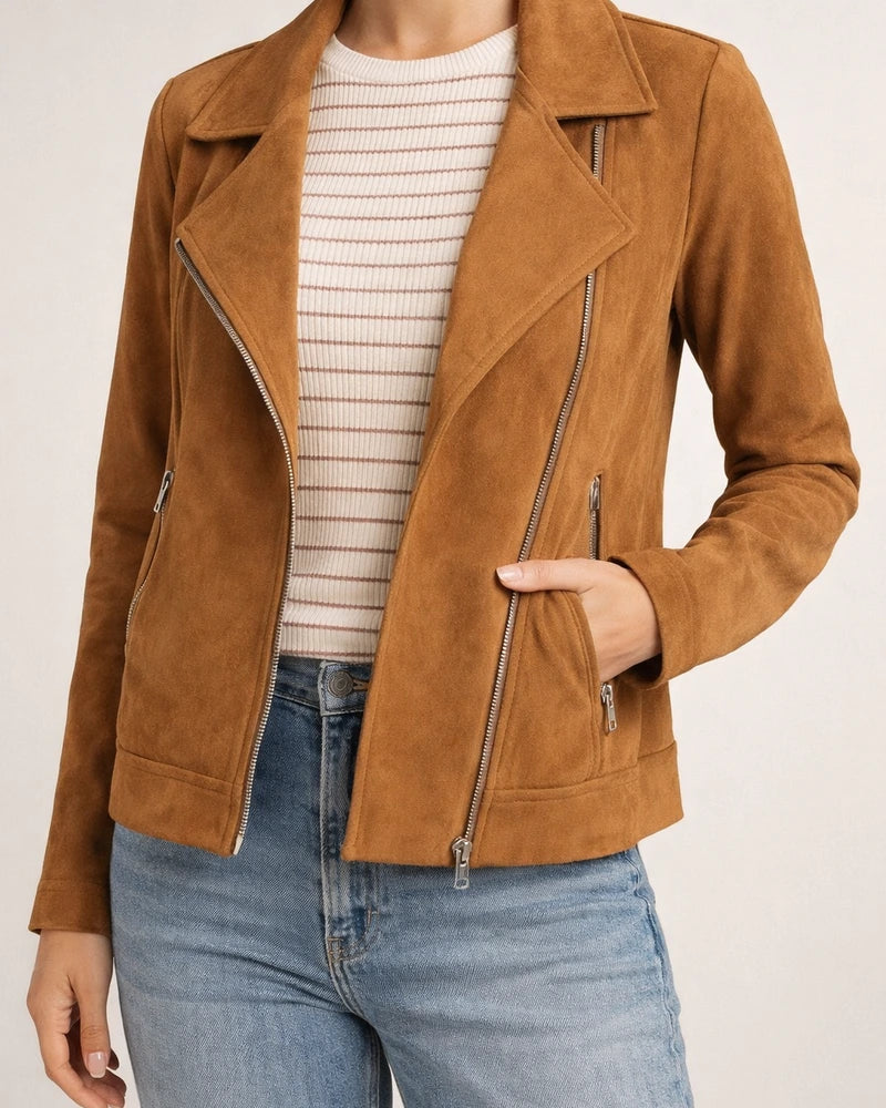 Autumn and Winter New Fashion Faux Deerskin Biker Jacket Solid Color Zipper Pocket Short Jacket | JRSEE:b2b20f76-50fc-4448-91eb-bedf0ad46968