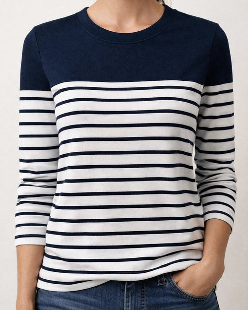 Autumn and Winter New Hot Long-sleeved Striped Two-color Printing Splicing Round Neck Temperament Commuter Tops T-shirt | JRSEE:a195a23f-6b52-4615-9dfb-2b1a604ab52b