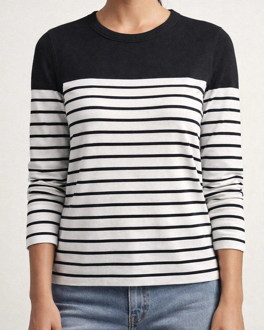 Autumn and Winter New Hot Long-sleeved Striped Two-color Printing Splicing Round Neck Temperament Commuter Tops T-shirt | JRSEE:ff2c0147-acb7-43f8-b913-357c3d8bd8c0