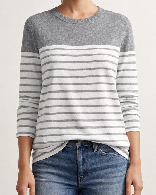 Autumn and Winter New Hot Long-sleeved Striped Two-color Printing Splicing Round Neck Temperament Commuter Tops T-shirt | JRSEE:104c3e34-96c4-4489-abfd-194b45b4b44f