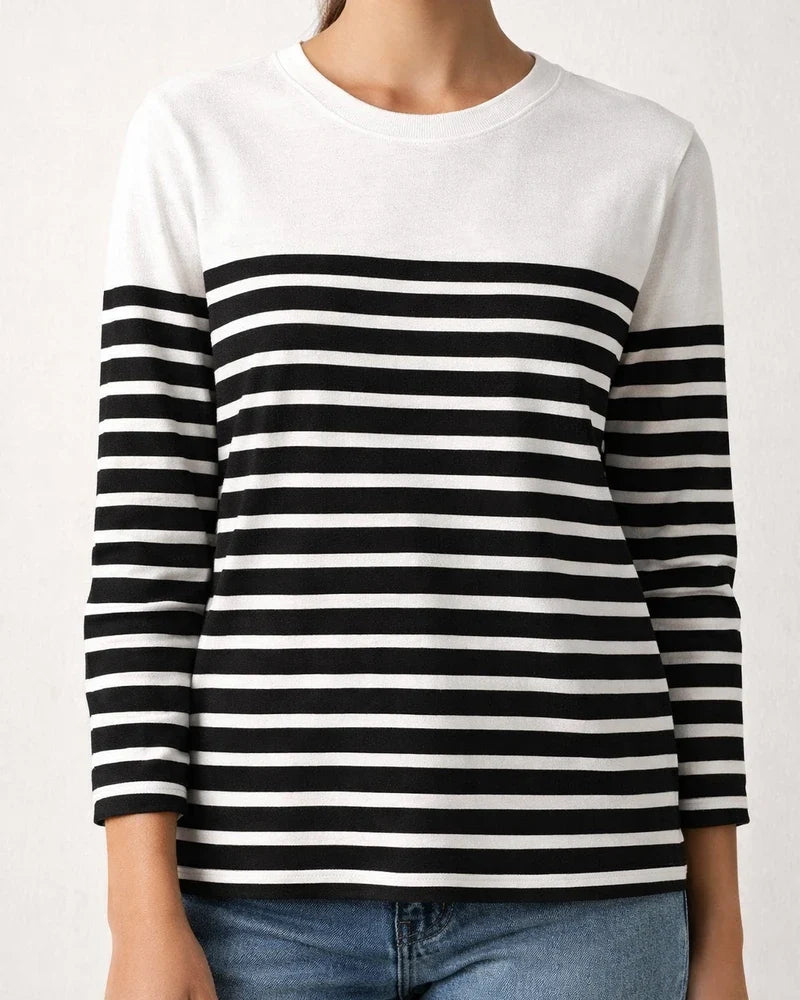 Autumn and Winter New Hot Long-sleeved Striped Two-color Printing Splicing Round Neck Temperament Commuter Tops T-shirt | JRSEE:28b60084-38da-468b-abfe-b9ee9f7ec858