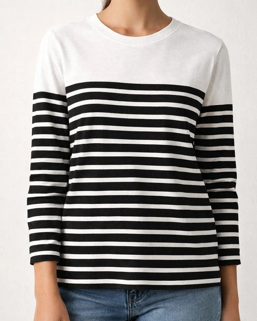 Autumn and Winter New Hot Long-sleeved Striped Two-color Printing Splicing Round Neck Temperament Commuter Tops T-shirt | JRSEE:28b60084-38da-468b-abfe-b9ee9f7ec858