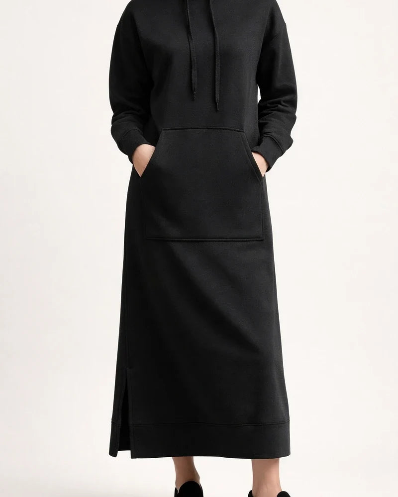 Autumn and Winter New Loose Big Yards Knitted Hooded Long Dress Padded Sweater Casual Fashion Dress Big Pockets Skirt | JRSEE:5cce1824-7a34-4092-9e0a-72fbc4ae722a