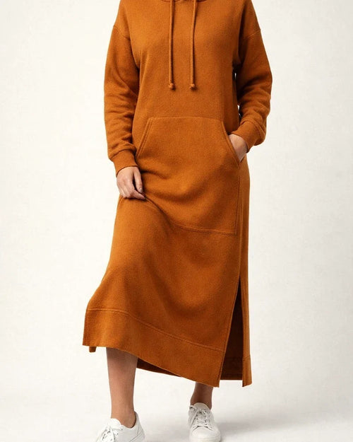 Autumn and Winter New Loose Big Yards Knitted Hooded Long Dress Padded Sweater Casual Fashion Dress Big Pockets Skirt | JRSEE:8346fdf3-0007-418d-a72b-ff903d21c6b4