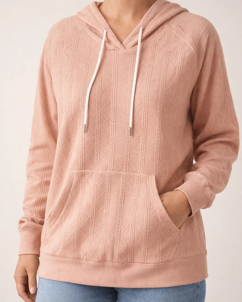 Autumn and Winter New Solid Color Women's Casual Jacquard Patch Pocket Large Size Loose Hooded Sweatshirt | JRSEE:dec2e954-d373-4c69-8aa8-e08938dd0c6f