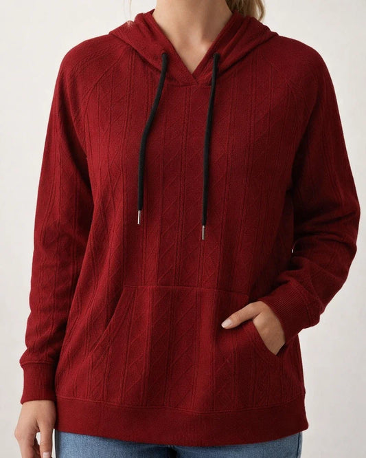 Autumn and Winter New Solid Color Women's Casual Jacquard Patch Pocket Large Size Loose Hooded Sweatshirt | JRSEE:ad347a50-6a6b-4619-8ddf-29e46f517b07