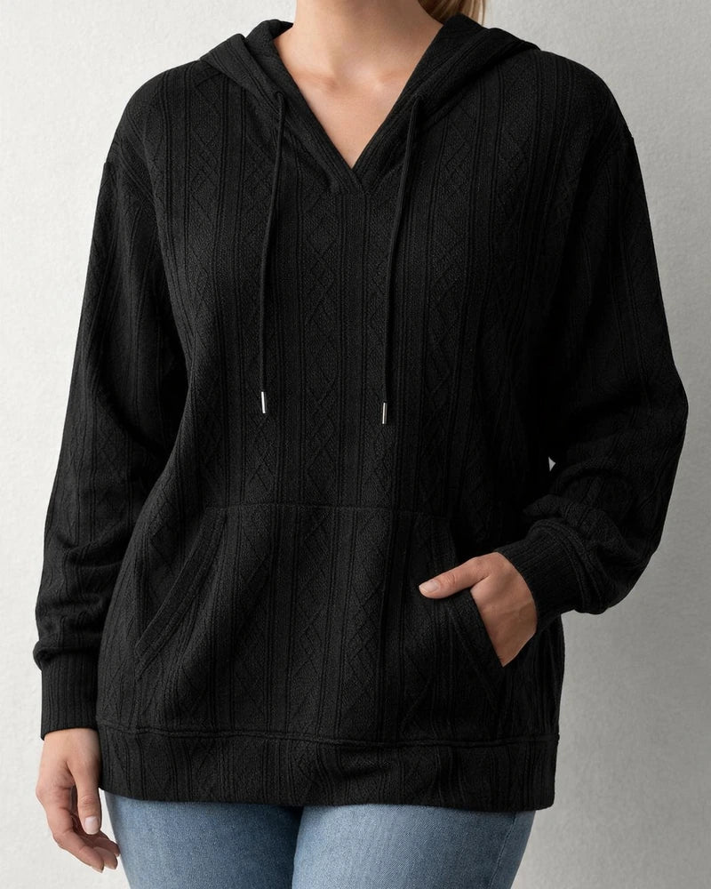 Autumn and Winter New Solid Color Women's Casual Jacquard Patch Pocket Large Size Loose Hooded Sweatshirt | JRSEE:b8862748-64d0-4aaf-b9f5-df423dca7733