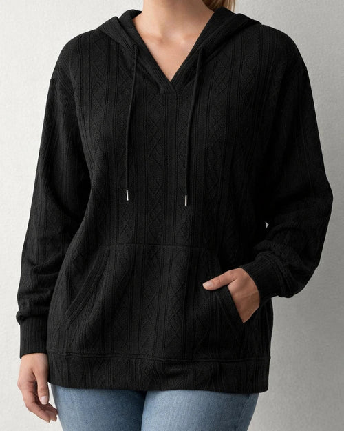 Autumn and Winter New Solid Color Women's Casual Jacquard Patch Pocket Large Size Loose Hooded Sweatshirt | JRSEE:b8862748-64d0-4aaf-b9f5-df423dca7733