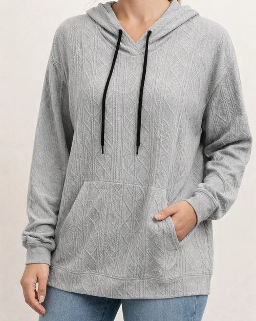 Autumn and Winter New Solid Color Women's Casual Jacquard Patch Pocket Large Size Loose Hooded Sweatshirt | JRSEE:0e812fef-1265-4b83-996a-efb665de374a