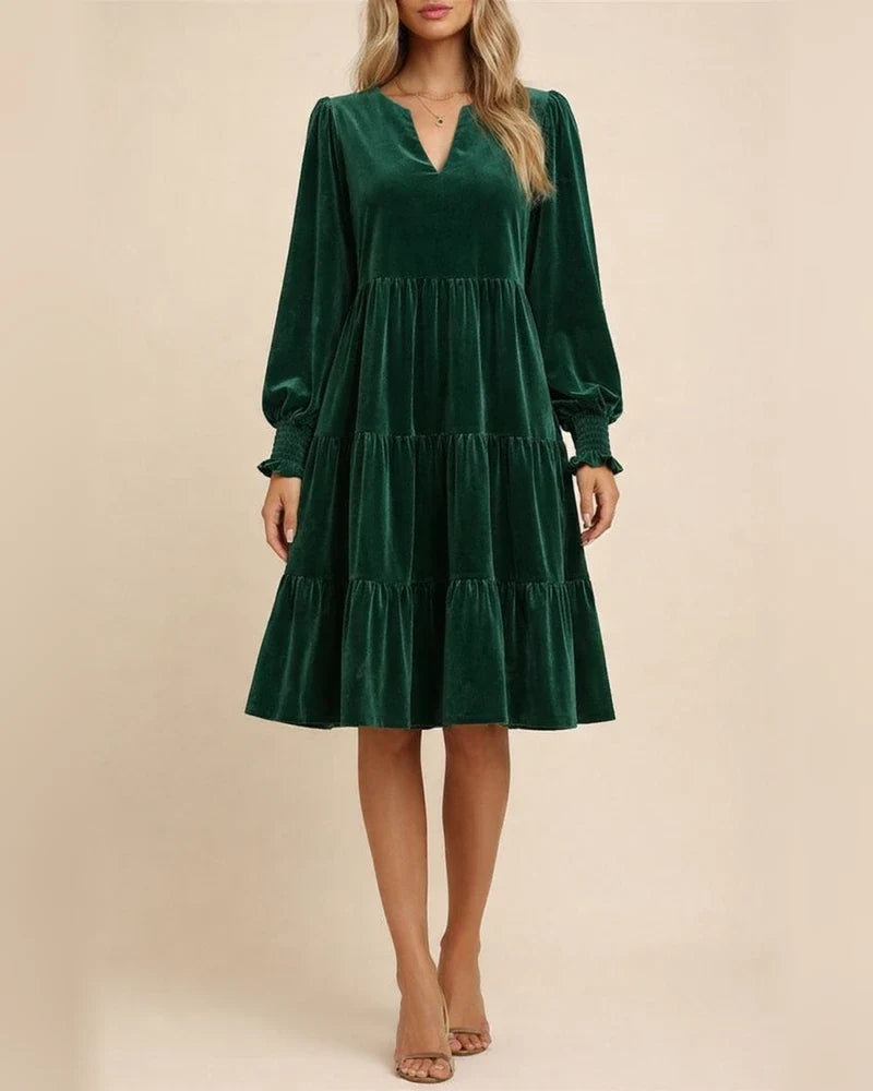 Autumn and Winter New Velvet Thickened Lantern Sleeve Street Pleated Long-sleeved Dresses for Women | JRSEE:d23c55e4-4d46-47f4-9a2a-8a8fde70191e