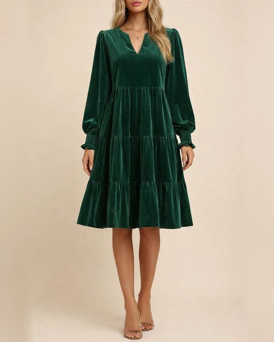 Autumn and Winter New Velvet Thickened Lantern Sleeve Street Pleated Long-sleeved Dresses for Women | JRSEE:d23c55e4-4d46-47f4-9a2a-8a8fde70191e