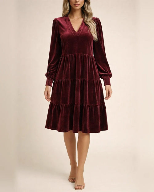 Autumn and Winter New Velvet Thickened Lantern Sleeve Street Pleated Long-sleeved Dresses for Women | JRSEE:a558a59c-56c9-44fb-8730-2b63d4bbd707