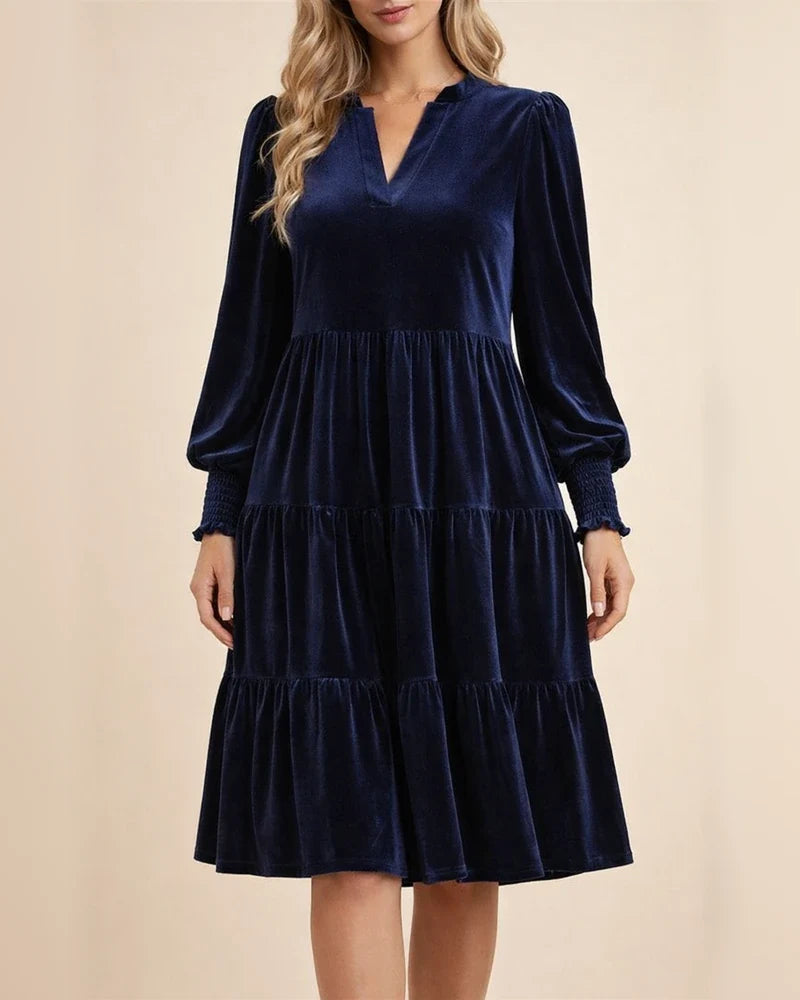 Autumn and Winter New Velvet Thickened Lantern Sleeve Street Pleated Long-sleeved Dresses for Women | JRSEE:9e8c546f-4dda-4e12-afaf-e8d640217040