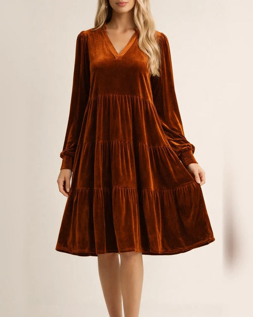 Autumn and Winter New Velvet Thickened Lantern Sleeve Street Pleated Long-sleeved Dresses for Women | JRSEE:9a74da18-2835-4e45-9992-822b76b9adf1