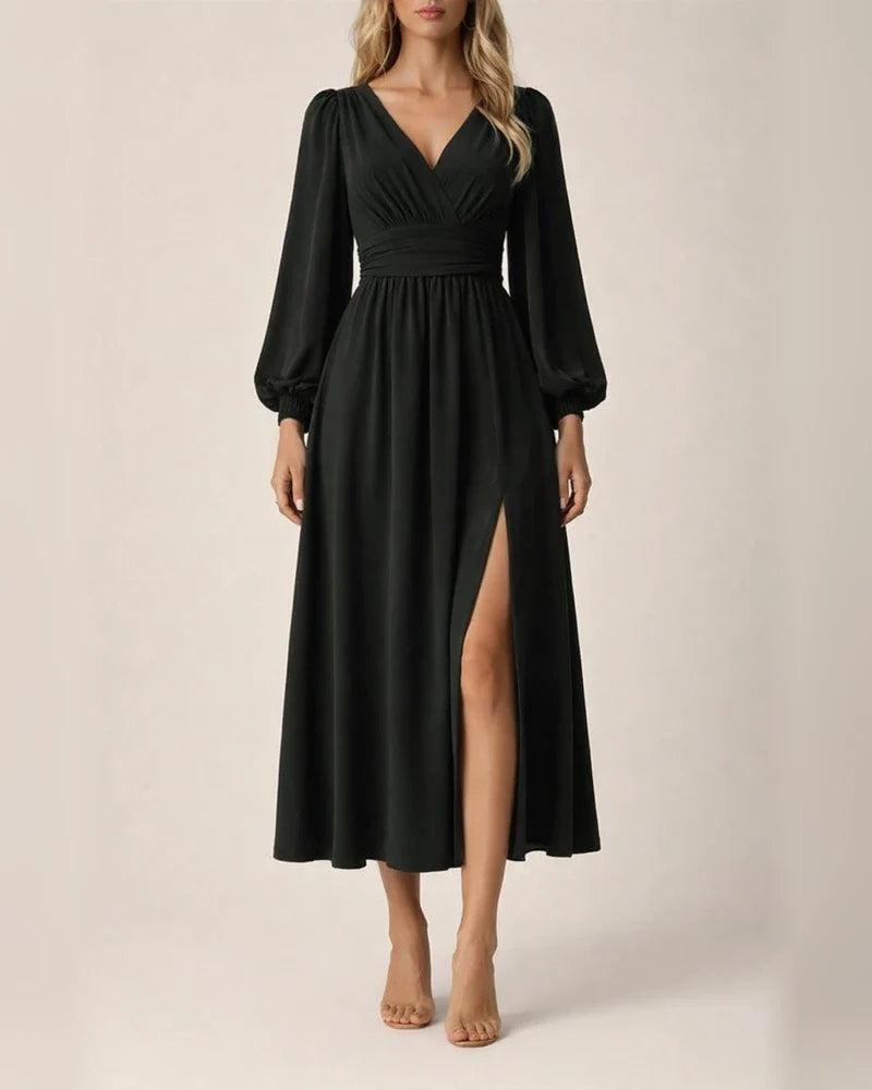 Autumn and Winter New Women's Lantern Sleeves V-neck High Split Dresses | JRSEE:66216fa2-d526-42e3-8e6b-cd4485ebafab