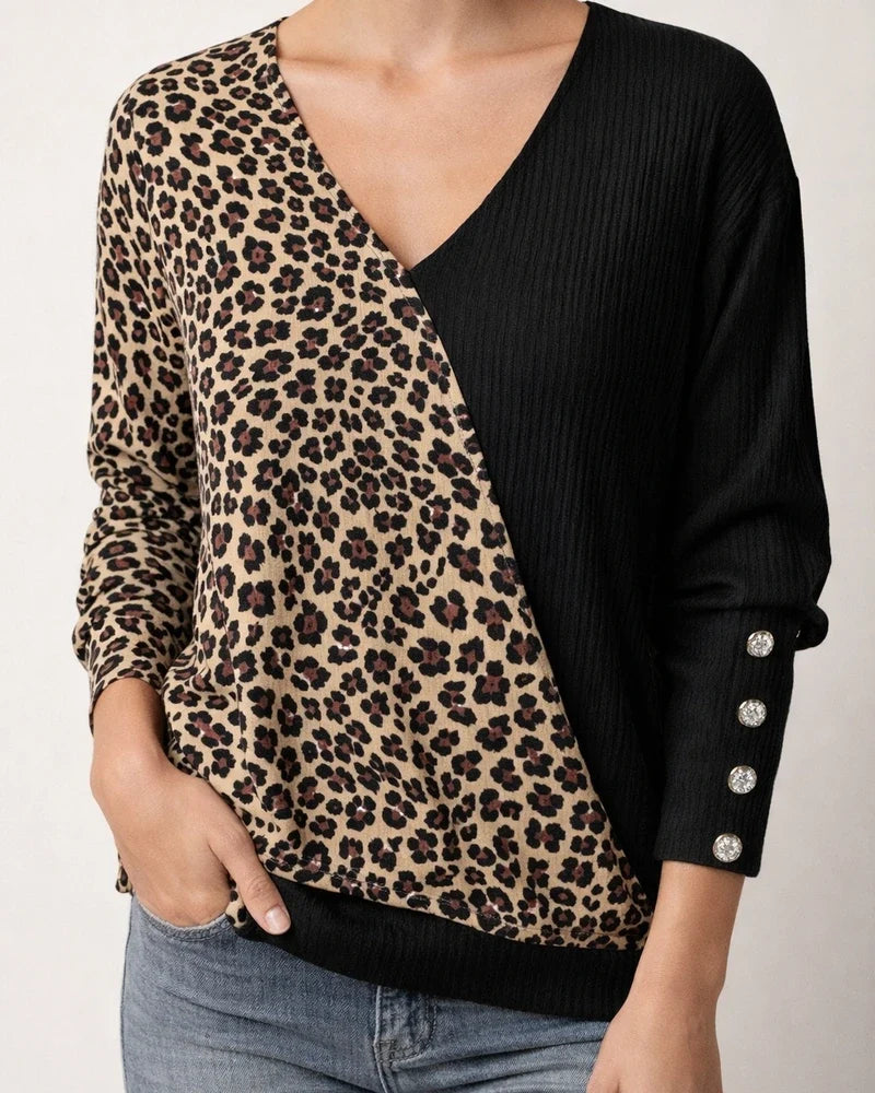 Autumn and Winter New Women's Leopard Print Color Blocking Temperament V-neck Loose Scarf Hollowed Knitwear | JRSEE:6bdf0bdd-2353-4860-bf64-422c529ae8e8