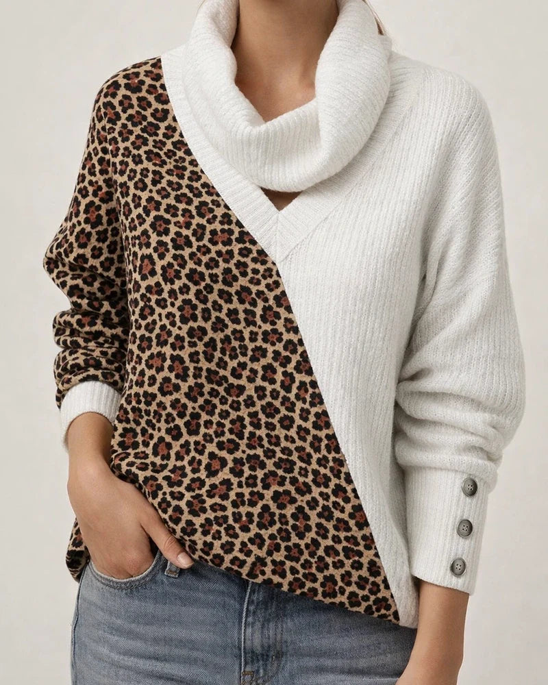 Autumn and Winter New Women's Leopard Print Color Blocking Temperament V-neck Loose Scarf Hollowed Knitwear | JRSEE:b58ac57d-9de3-4d19-b190-230667fe3d0b