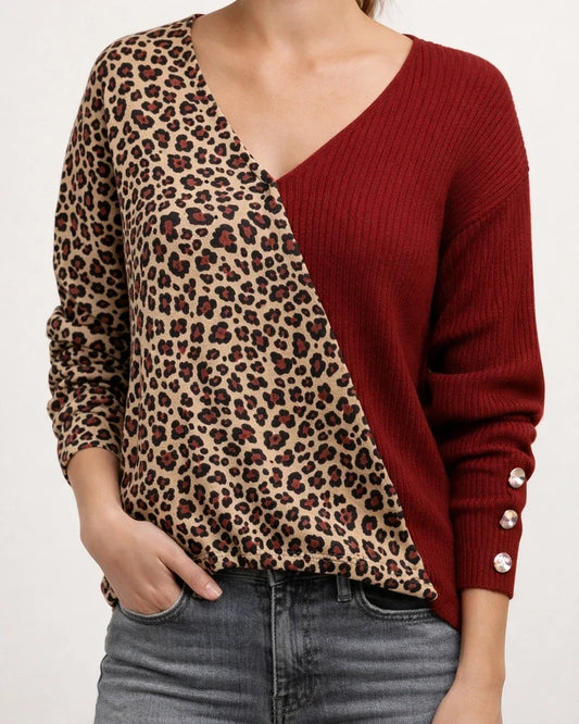 Autumn and Winter New Women's Leopard Print Color Blocking Temperament V-neck Loose Scarf Hollowed Knitwear | JRSEE:966679e4-e443-43c4-9afe-716edebf545f