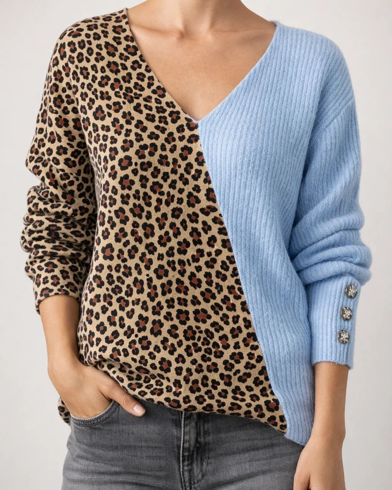 Autumn and Winter New Women's Leopard Print Color Blocking Temperament V-neck Loose Scarf Hollowed Knitwear | JRSEE:0e1d0dc3-04c6-4ead-9105-82b656df1a7a
