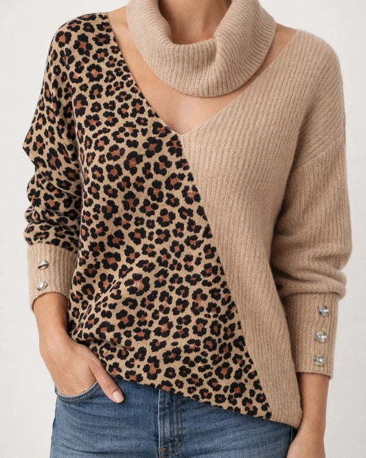 Autumn and Winter New Women's Leopard Print Color Blocking Temperament V-neck Loose Scarf Hollowed Knitwear | JRSEE:d972e2f2-3343-42a4-aac1-1574b1640a7d