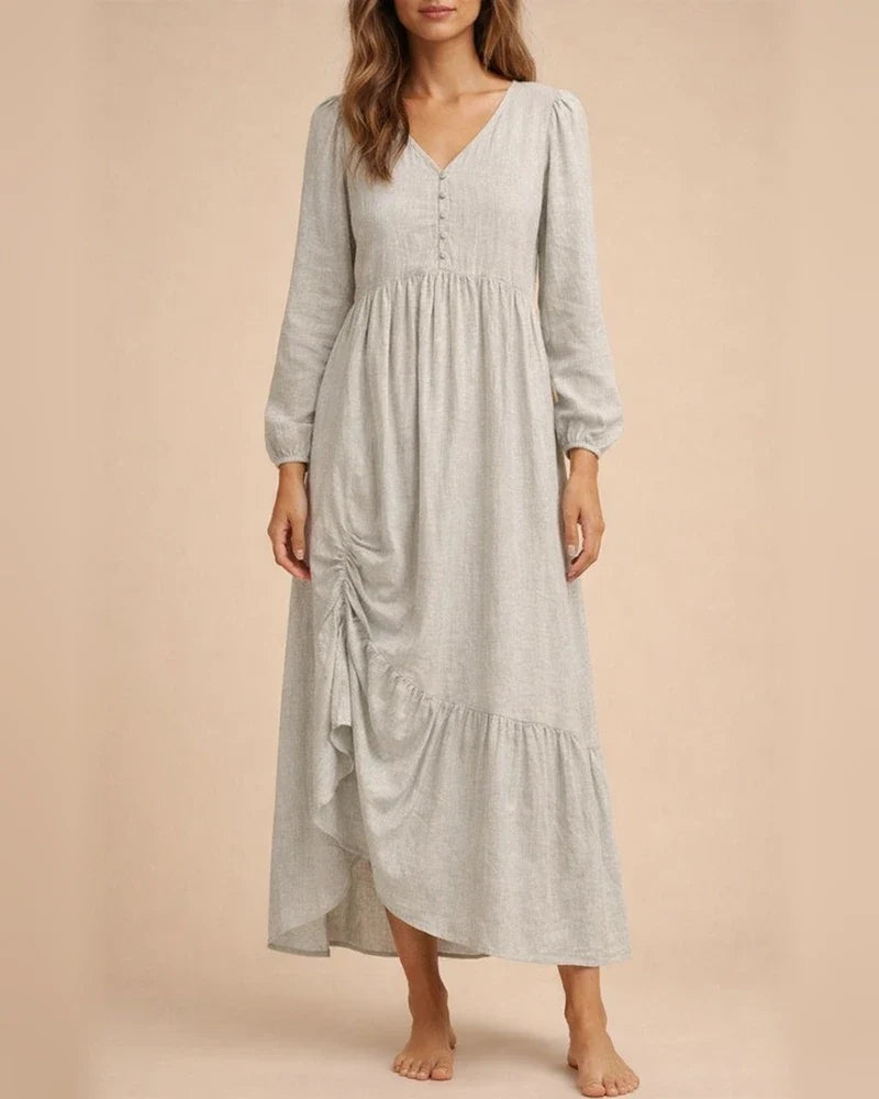 Autumn and Winter Solid Color Women's Buttoned Cotton and Linen Retro Casual Long-sleeved Dresses Swing Long Dress Multicolor | JRSEE:7dea804b-22f6-42c2-a110-0bcdd8ecc989