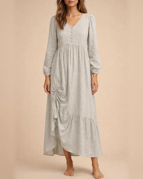 Autumn and Winter Solid Color Women's Buttoned Cotton and Linen Retro Casual Long-sleeved Dresses Swing Long Dress Multicolor | JRSEE:7dea804b-22f6-42c2-a110-0bcdd8ecc989