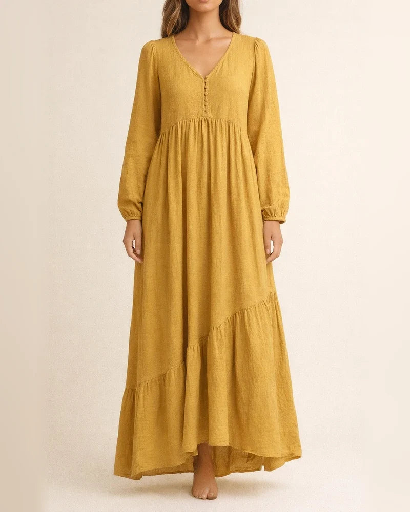 Autumn and Winter Solid Color Women's Buttoned Cotton and Linen Retro Casual Long-sleeved Dresses Swing Long Dress Multicolor | JRSEE:1e90fe28-d5a5-4cea-81a6-8fb16c94d007