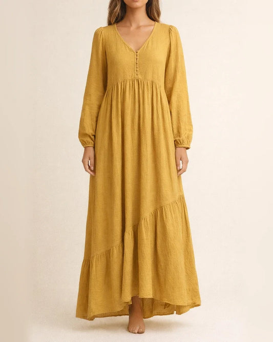 Autumn and Winter Solid Color Women's Buttoned Cotton and Linen Retro Casual Long-sleeved Dresses Swing Long Dress Multicolor | JRSEE:1e90fe28-d5a5-4cea-81a6-8fb16c94d007