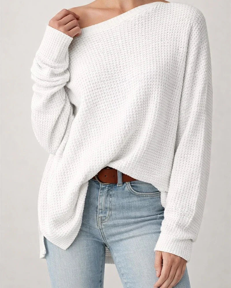 Autumn-Chic Polyester Slanted-Neck Loose-Fit Women's Knit Sweater - Fashionable and Versatile | JRSEE:bf0d85cd-482e-4f26-b97e-068c5c0653e3