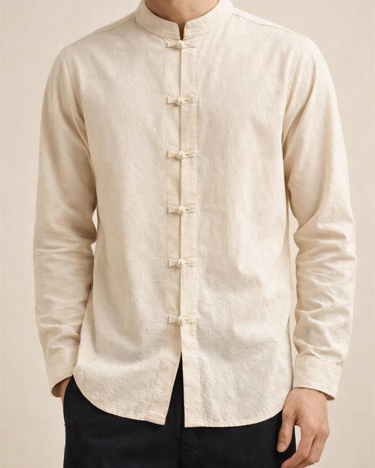 Autumn New Long-sleeved Stand-up Collar Shirt Men's Plus Size Retro Cotton Disk Buckle Solid Color Casual Shirt | JRSEE:c65b8fd0-999b-42e0-bb3f-53ced61f03da