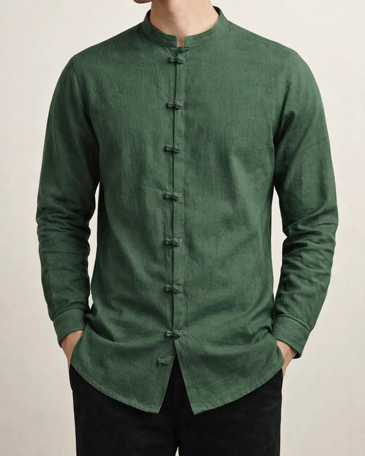 Autumn New Long-sleeved Stand-up Collar Shirt Men's Plus Size Retro Cotton Disk Buckle Solid Color Casual Shirt | JRSEE:4d175bc7-b284-4aa6-a1d1-e287b3a49a7a