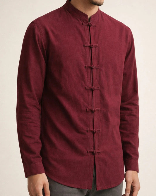 Autumn New Long-sleeved Stand-up Collar Shirt Men's Plus Size Retro Cotton Disk Buckle Solid Color Casual Shirt | JRSEE:8694f6e1-9366-4a72-bb71-88b39720a9f2