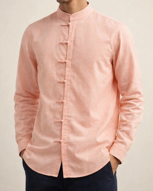 Autumn New Long-sleeved Stand-up Collar Shirt Men's Plus Size Retro Cotton Disk Buckle Solid Color Casual Shirt | JRSEE:1c987c91-096d-4b4a-b641-7f5e6d91f751
