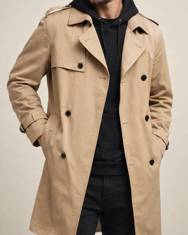 Autumn New Solid Color Long-sleeved Side Seam Pockets Trench Coat Men's Lapel Slim Double-breasted Casual Jacket | JRSEE:73339548-75a1-4207-9934-476b103d3974