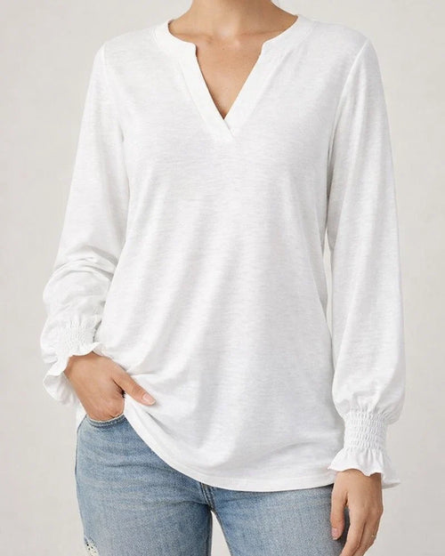 Autumn Tops Women New V Neck Splicing Loose Solid Color Long-sleeved Comfortable Casual T-shirt Women's | JRSEE:9bb845e9-a497-48db-819e-a7bc5037da76