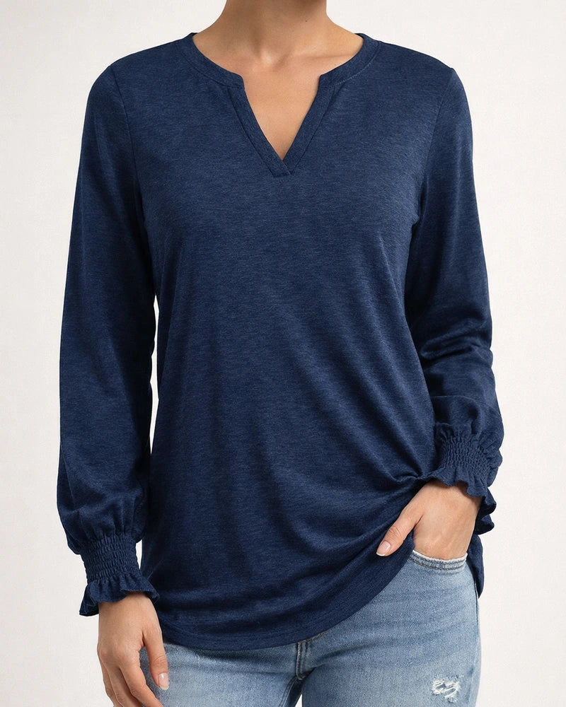 Autumn Tops Women New V Neck Splicing Loose Solid Color Long-sleeved Comfortable Casual T-shirt Women's | JRSEE:1a379cdf-a18b-442a-a238-776c6aefc021