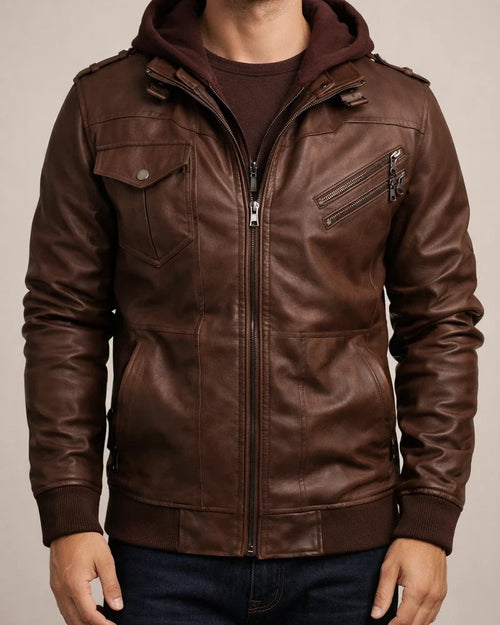 Autumn/Winter Casual Hooded Zipper Youth Black Stand-up Collar Men's Leather Jacket | JRSEE:5d1cf72e-3f24-42c4-9e44-28982a745dac