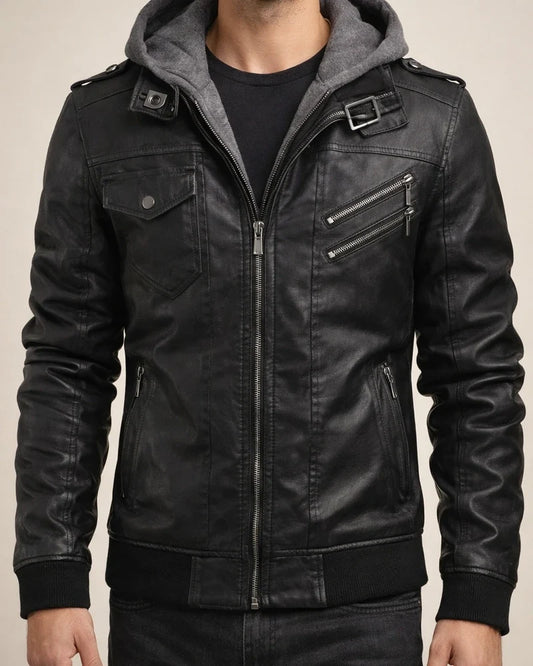 Autumn/Winter Casual Hooded Zipper Youth Black Stand-up Collar Men's Leather Jacket | JRSEE:63dd99a4-9261-48aa-8cd9-6435867a4176