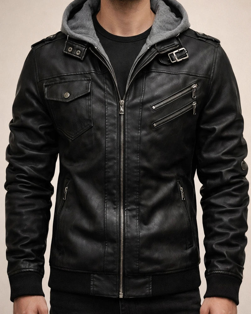 Autumn/Winter Casual Hooded Zipper Youth Black Stand-up Collar Men's Leather Jacket | JRSEE:6c648972-0252-4ea9-98f9-40640ca99643