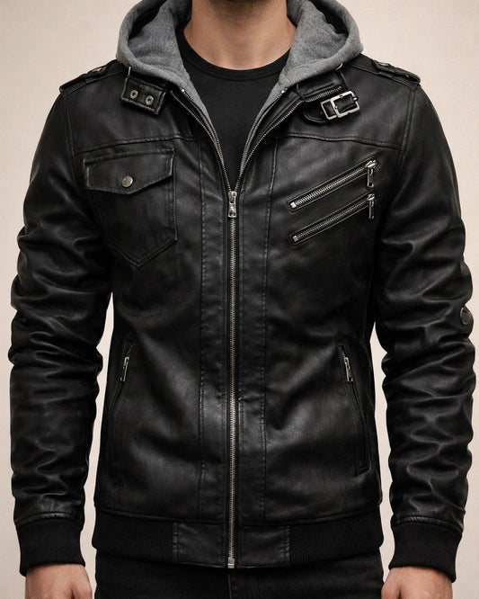 Autumn/Winter Casual Hooded Zipper Youth Black Stand-up Collar Men's Leather Jacket | JRSEE:6c648972-0252-4ea9-98f9-40640ca99643